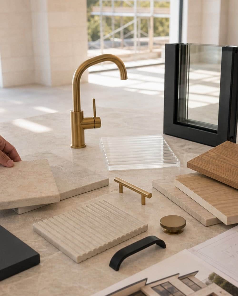 Premium construction quote setting with plans and material selections