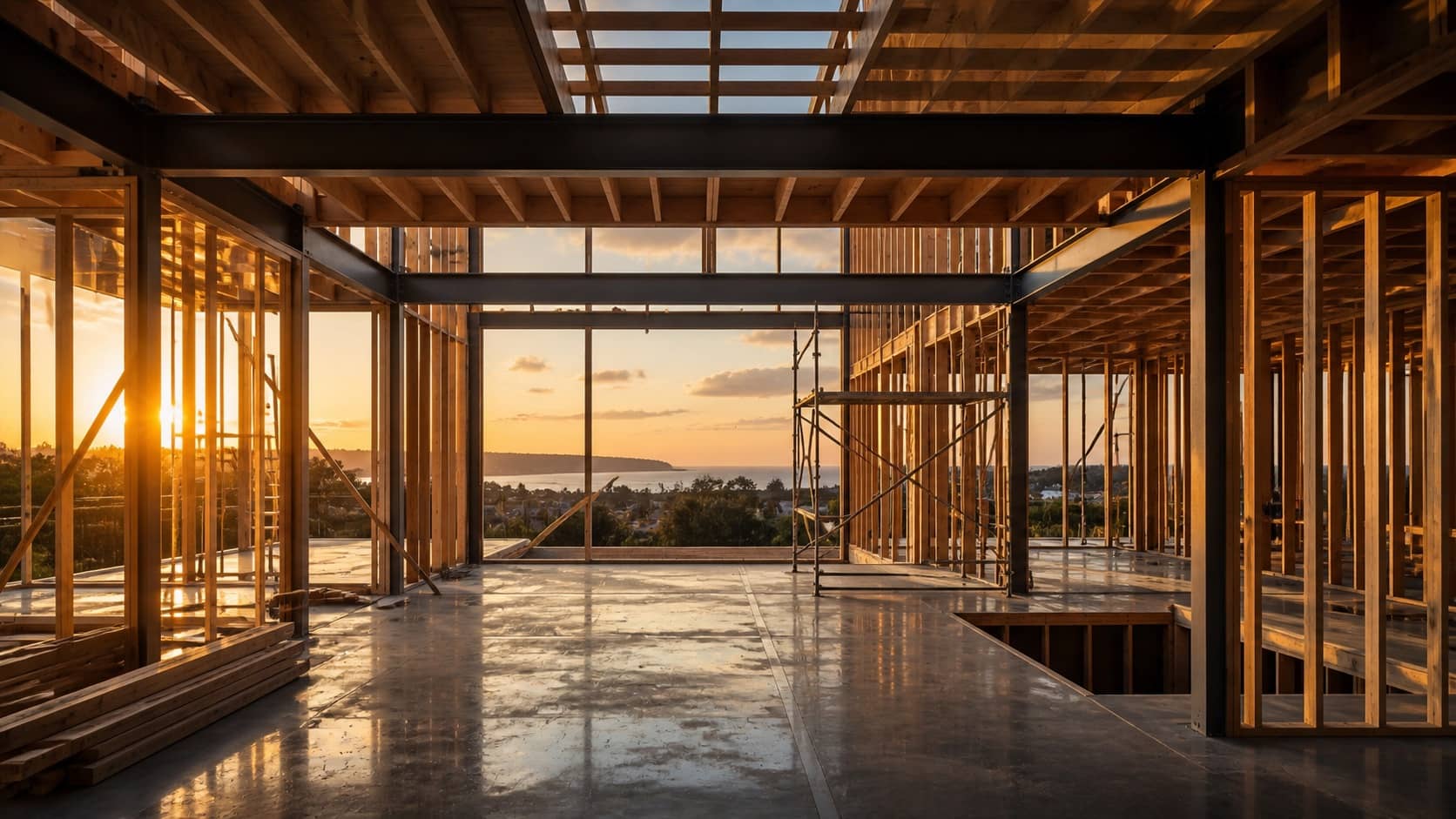 Structural framing stage of a premium home