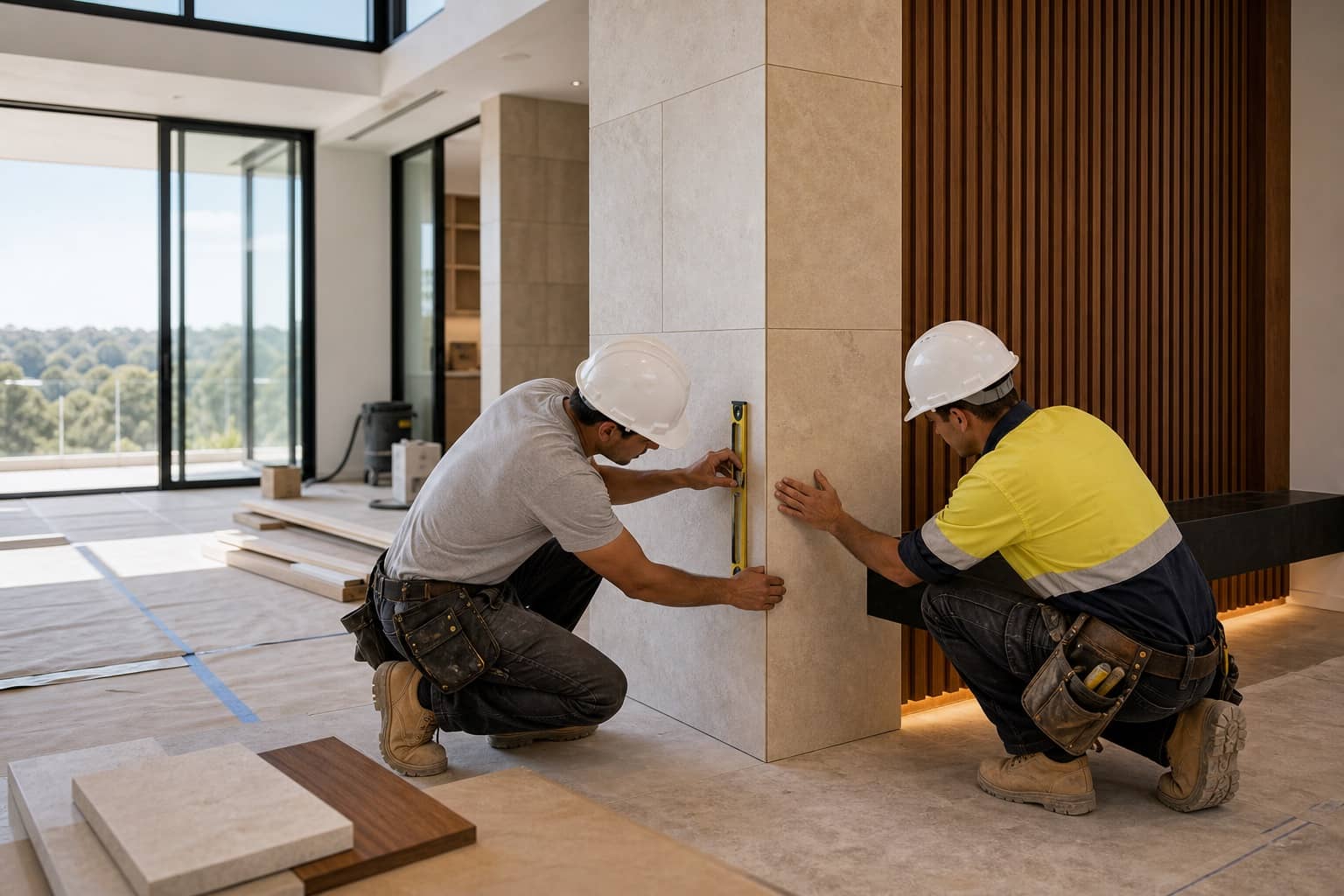 Builder and tradesperson checking a custom home detail