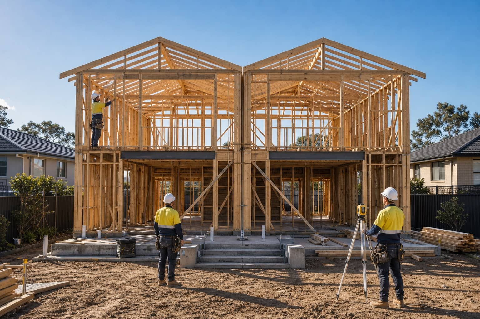 Workers framing a paired duplex structure