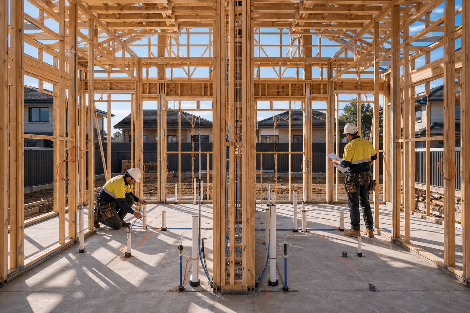 Workers coordinating service rough-in inside a duplex frame