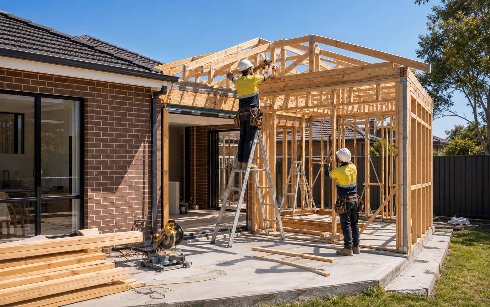Workers framing a roofline for a home extension