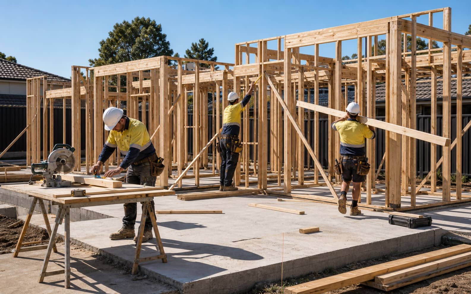 Labourers working on residential framing