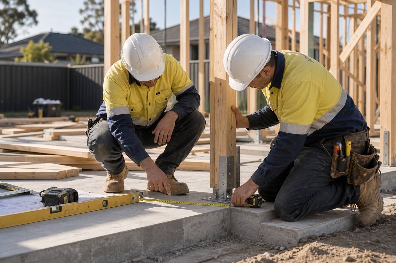 Workers checking structural details on a residential construction site