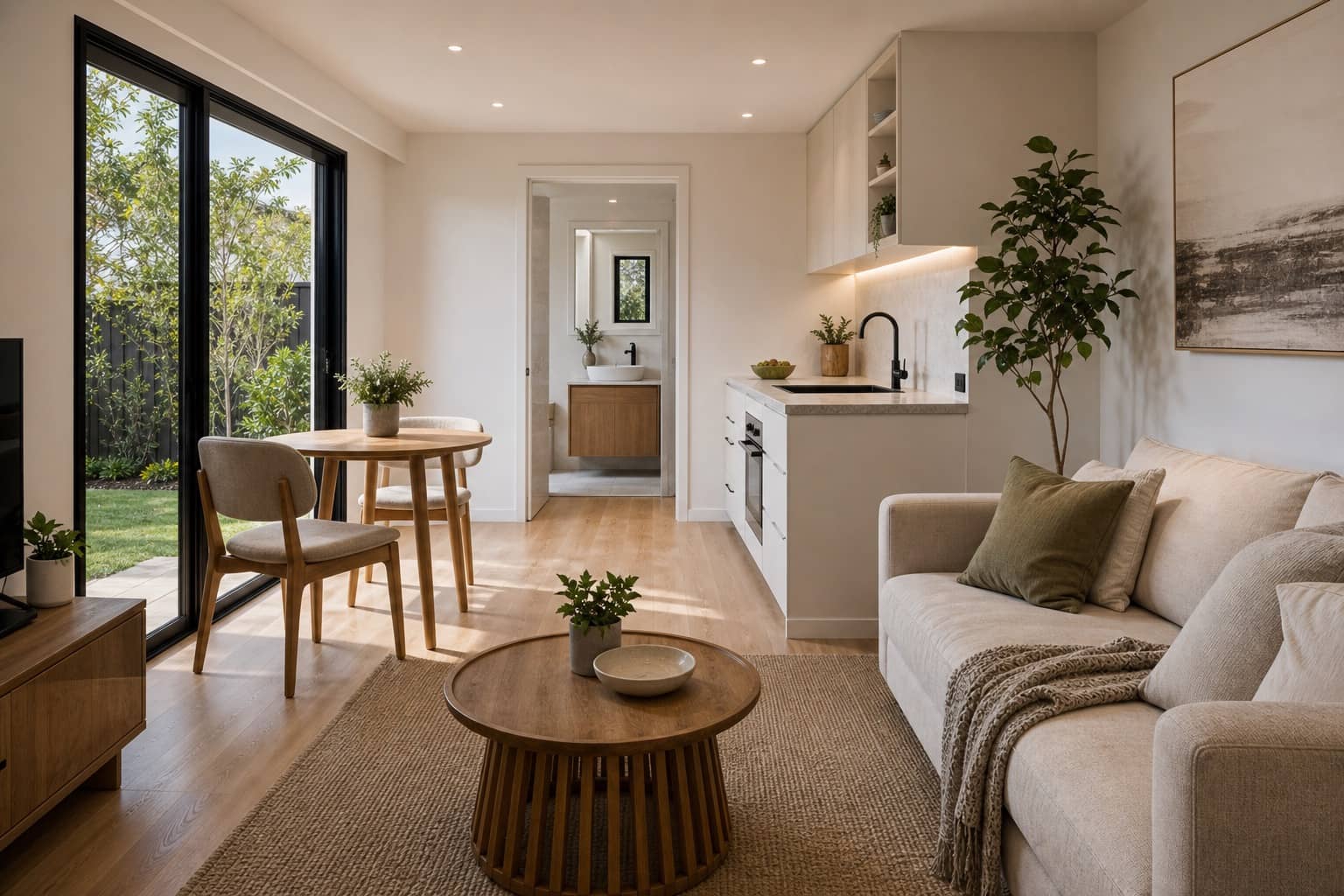 Bright completed granny flat interior with kitchenette, living area and bathroom access