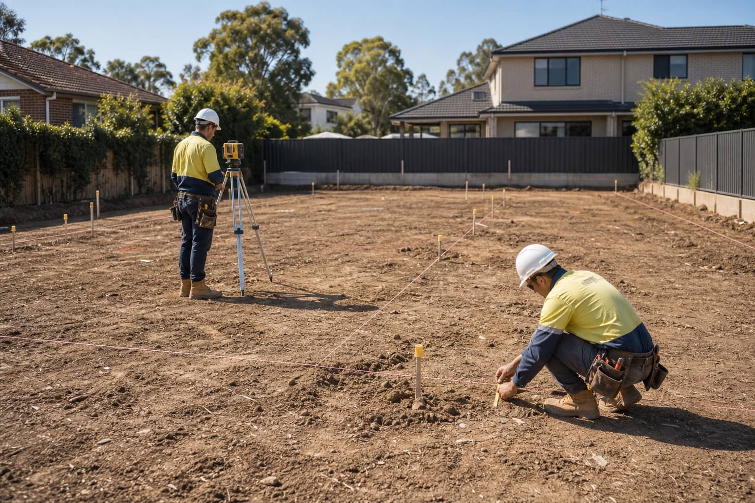 Workers setting out a cleared knockdown rebuild block