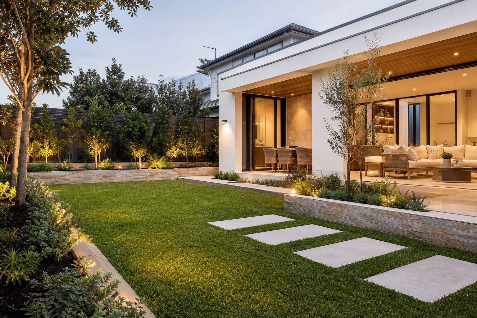 Finished premium residential garden with lawn, planting and outdoor living