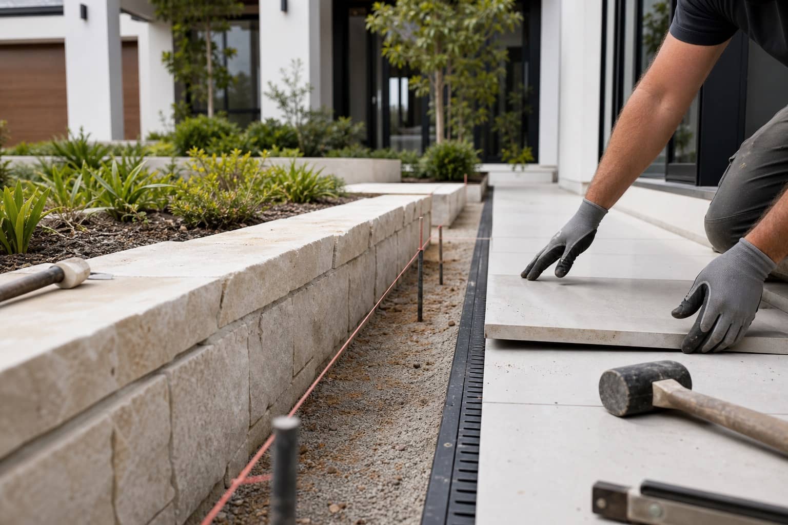 Landscaping detail with pavers, drainage and a low retaining wall