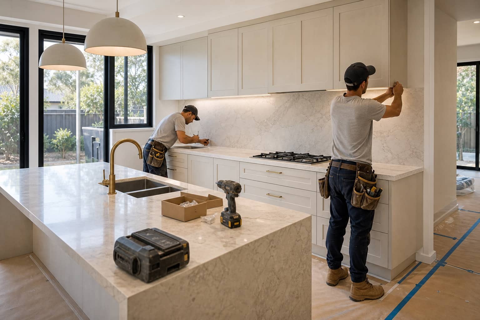 Tradespeople fitting cabinetry during a home renovation