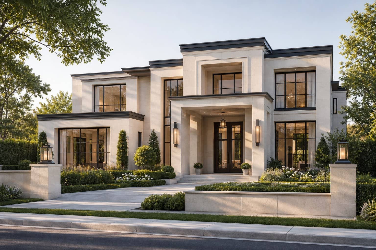 European American contemporary luxury home with formal landscaping and modern stone facade