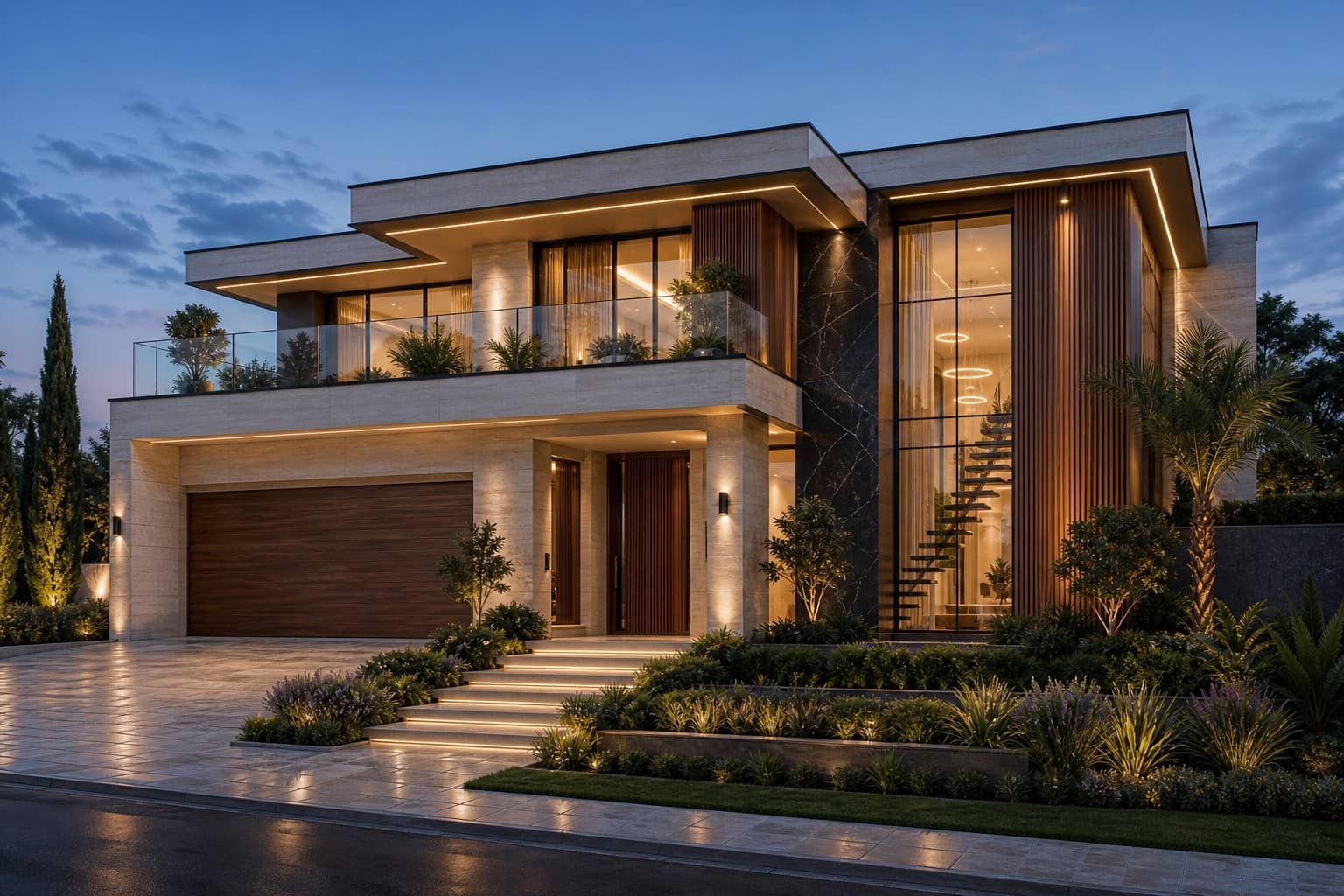 Italian contemporary luxury villa exterior with travertine, timber screens and warm lighting