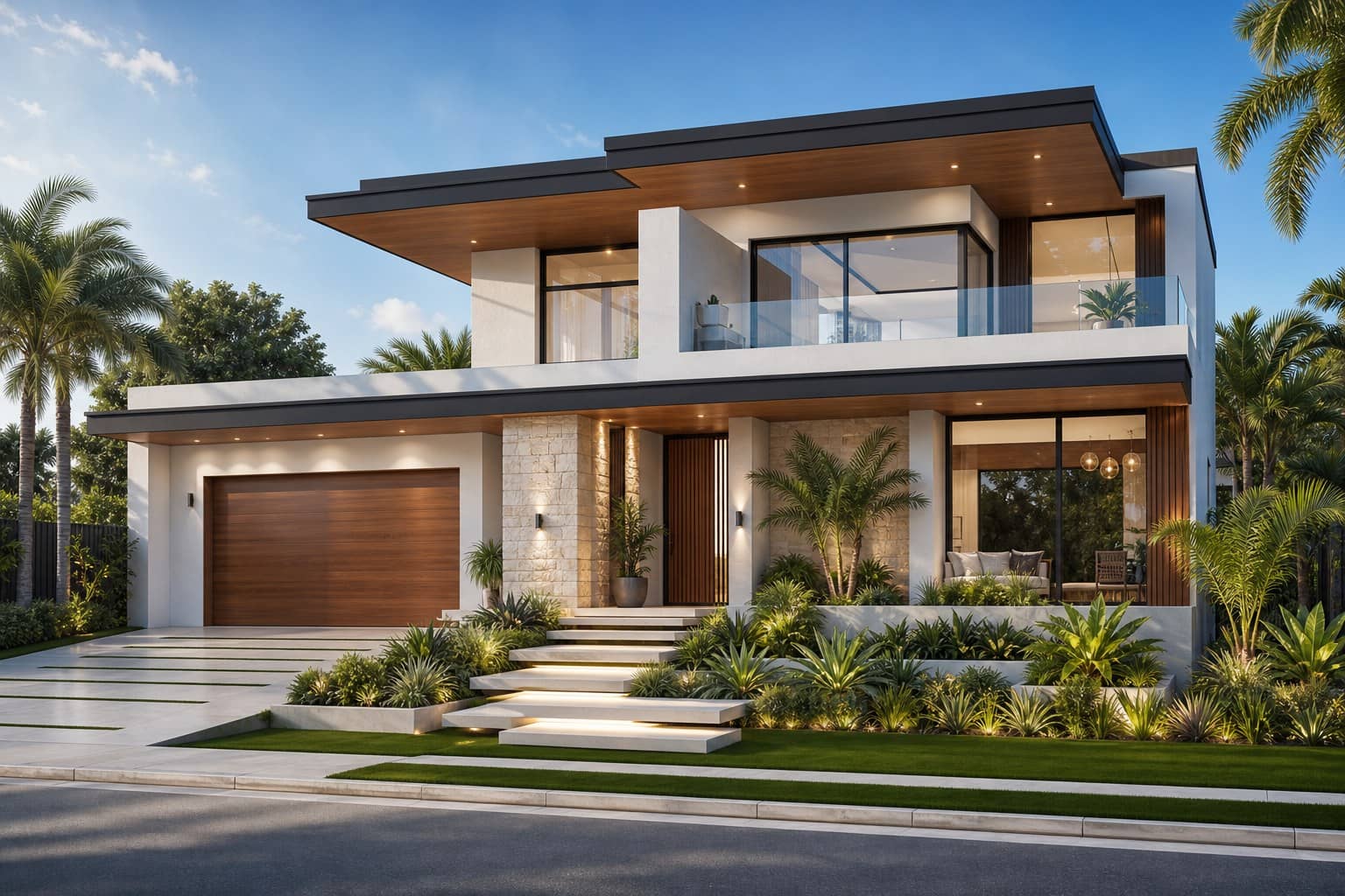 Modern resort-style luxury family home exterior with flat rooflines, timber soffits and tropical landscaping