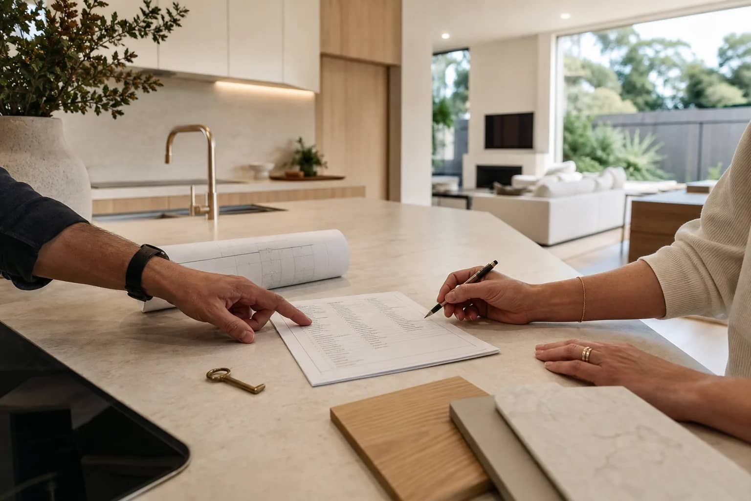Builder and homeowner reviewing a residential handover checklist in a completed home