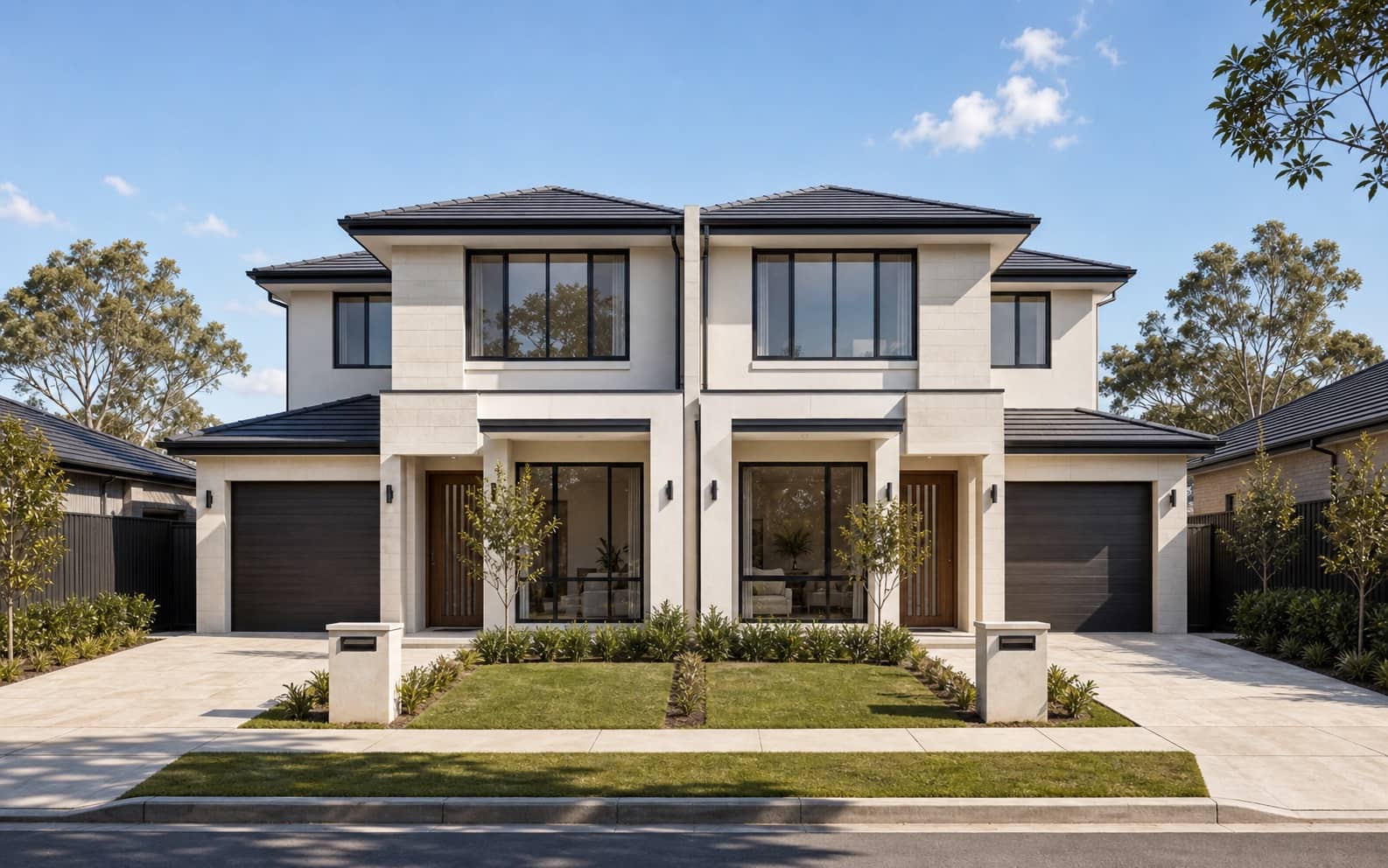 Contemporary paired duplex frontage with garages, balanced windows and landscaping