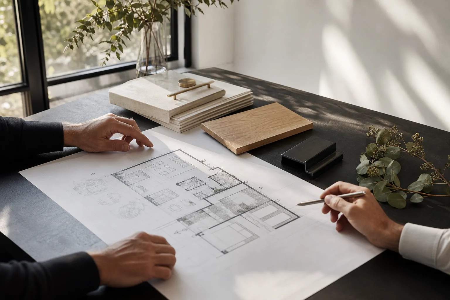 Architectural plans and material samples arranged for a residential design review