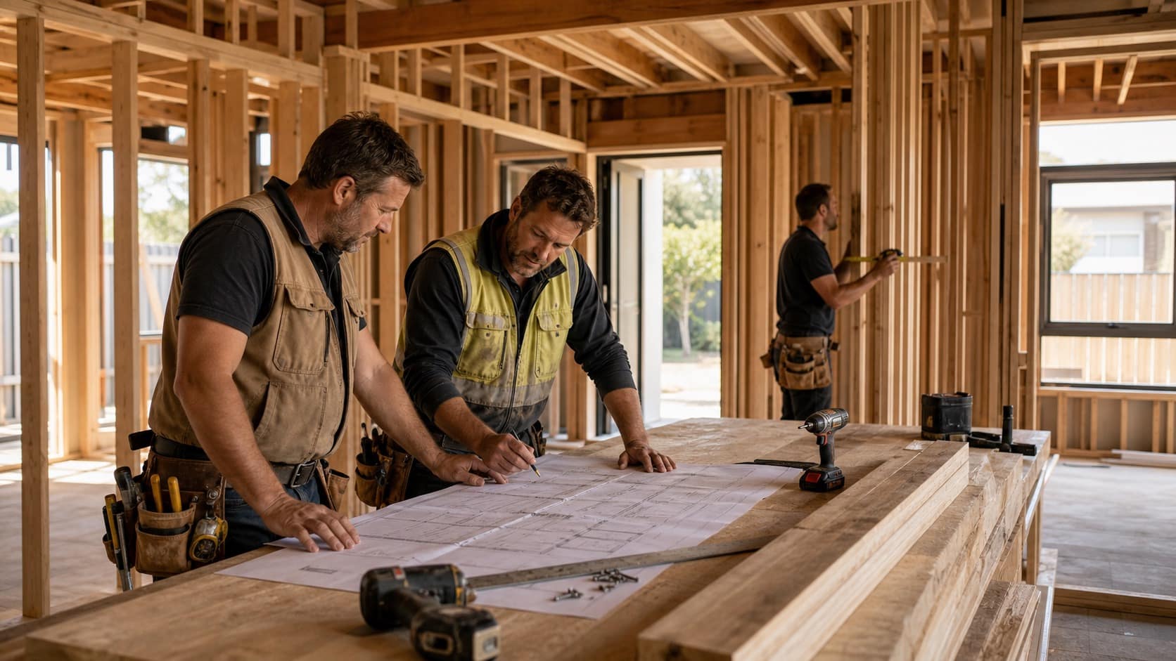 Australian builders reviewing plans inside a framed home